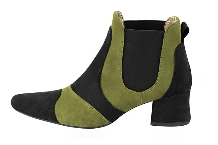 Matt black and pistachio green women's ankle boots, with elastics. Round toe. Low flare heels. Profile view - Florence KOOIJMAN